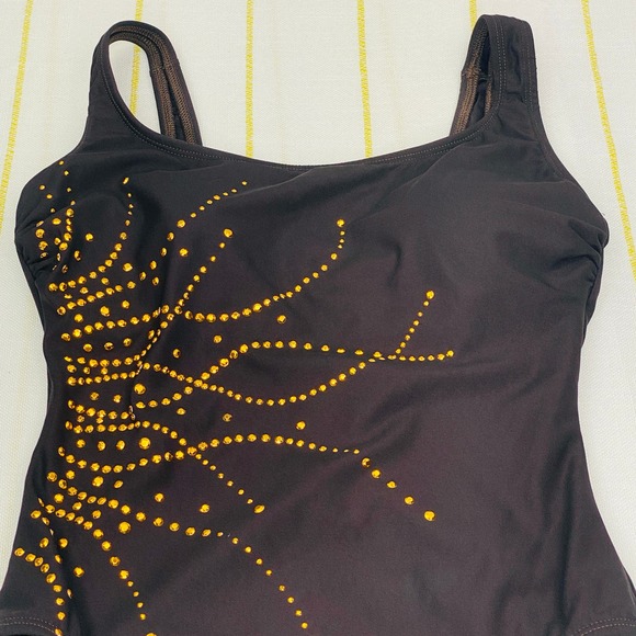 Vintage Longitude Brown and Gold Rhinestone One Piece Swimsuit Womens 8 Resort - Picture 3 of 11